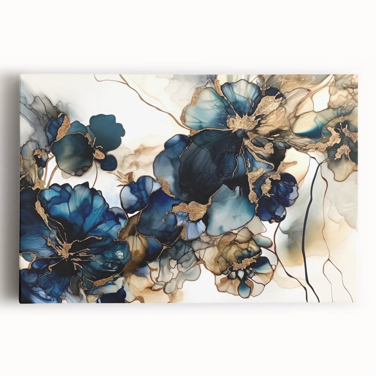 Abstract floral wall art on stretched canvas featuring vibrant colors and intricate designs, perfect for modern home decor settings. This captivating piece adds elegance and creativity to any space.