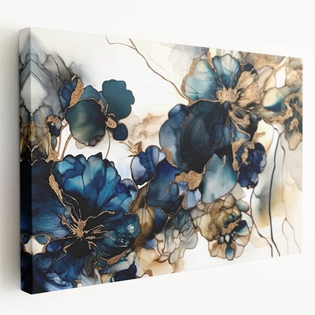 Abstract floral wall art on stretched canvas, showcasing vibrant colors and intricate designs, viewed from the side to highlight depth and texture. Perfect for modern home decor.