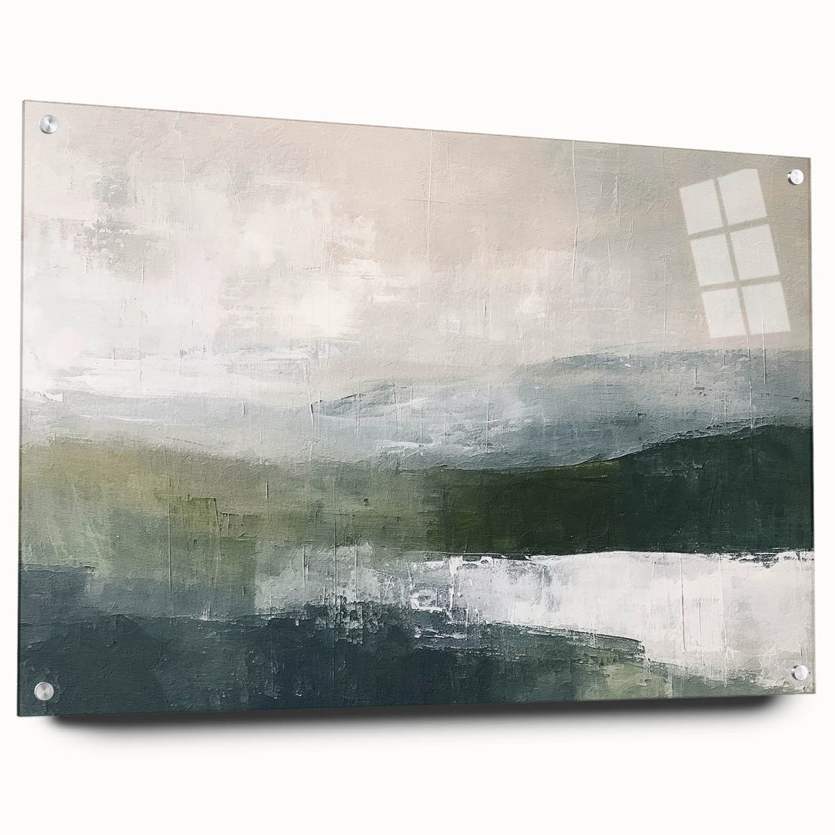 Abstract landscape wall art displayed in acrylic glass, showcasing vibrant colors and intricate designs, secured with decorative pins in a modern setting.
