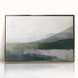 Framed abstract landscape wall art featuring vibrant gold and earthy tones, set against a sleek acrylic background, ideal for modern home decor.
