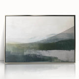 Framed abstract landscape wall art in silver acrylic, showcasing a modern design with earthy tones, perfect for contemporary home decor and enhancing interior aesthetics.