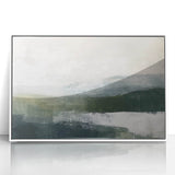 Framed abstract landscape wall art featuring vibrant colors of blue, green, and white, designed to enhance modern home decor, ideal for living rooms and offices.