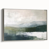 Framed canvas wall art showcasing an abstract landscape design with silver accents, viewed from the side, perfect for modern home decor.
