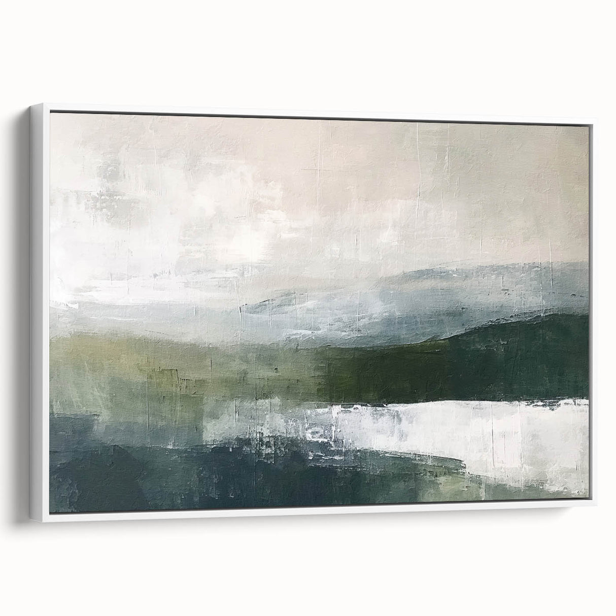 Framed abstract landscape wall art featuring soft pastel colors and fluid shapes, showcasing a serene view, perfect for modern home decor.