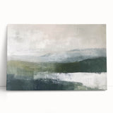 Abstract landscape wall art on stretched canvas, showcasing vibrant colors and dynamic shapes, leaning against a wall, perfect for modern home decor.