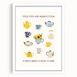 Abstract art print featuring swirling patterns in muted blue and white hues, framed with a white mat.