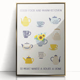 Art deco poster of food and drinks in gold and black tones, acrylic framed, ideal for modern kitchen decor.