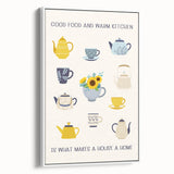 Vintage poster art of colorful food and drinks on a large framed canvas, ideal for living room decor.