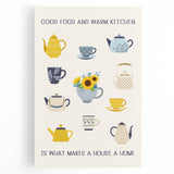 Large black and white stretched canvas of assorted kitchen items, ideal for kitchen wall art.