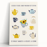 Large black and white photo of assorted kitchen items on stretched canvas, ideal for kitchen wall art.