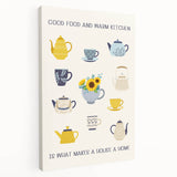 Large stretched canvas featuring a vibrant array of fruits and beverages, ideal for kitchen wall art.