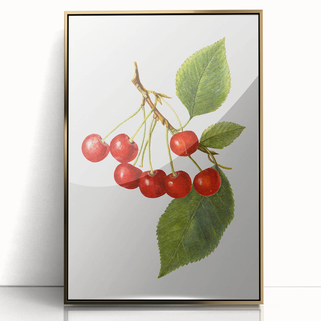 Large art print of colorful fruits on a gold-framed acrylic, in mid-century modernist style.