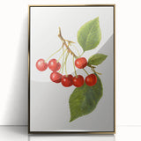 Large art print of colorful fruits on a gold-framed acrylic, in mid-century modernist style.