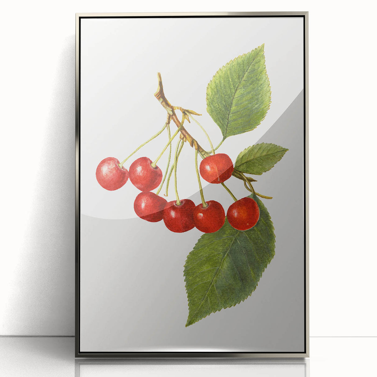 Mid-century modernist art featuring an array of colorful fruits on a silver framed acrylic, suitable for nursery wall art.