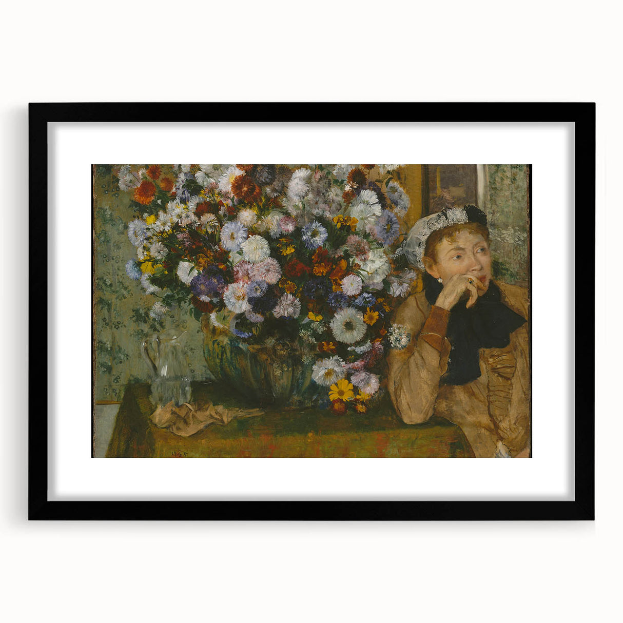 A Woman Seated Beside a Vase of Flowers by Degas: Classic Wall Art Print