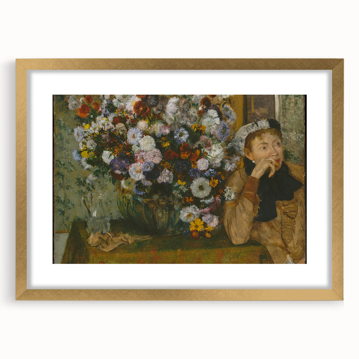 A Woman Seated Beside a Vase of Flowers by Degas: Classic Wall Art Print