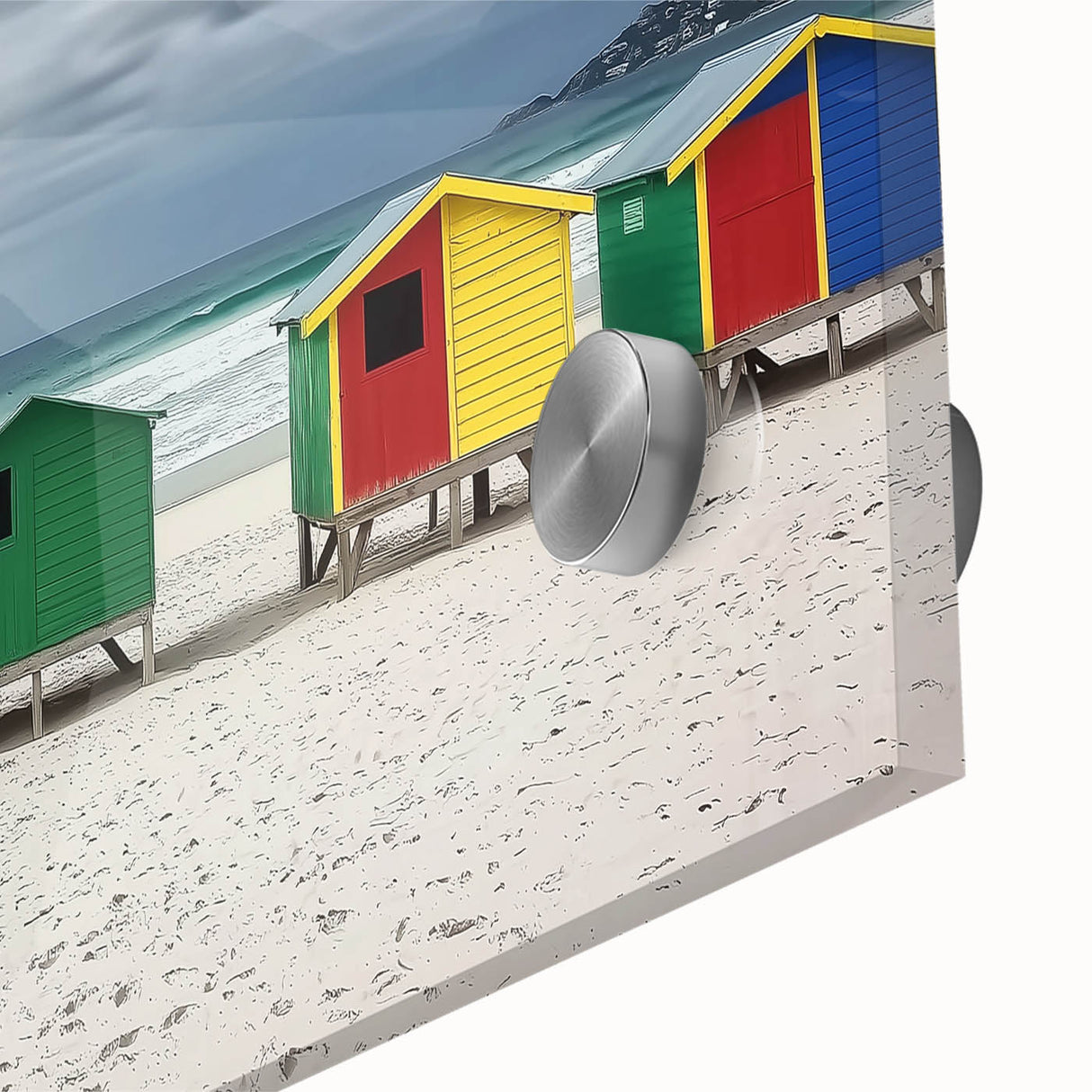 Close-up of a vibrant acrylic glass artwork depicting a serene beach landscape, showcasing vivid colors and intricate details, perfect for coastal-themed decor.