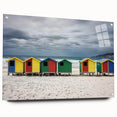 Acrylic glass artwork showcasing a vibrant beach landscape from a side view, elegantly displayed with stylish pins, perfect for coastal decor enthusiasts.