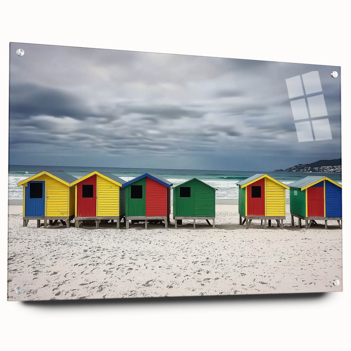 Acrylic glass artwork showcasing a vibrant beach landscape from a side view, elegantly displayed with stylish pins, perfect for coastal decor enthusiasts.