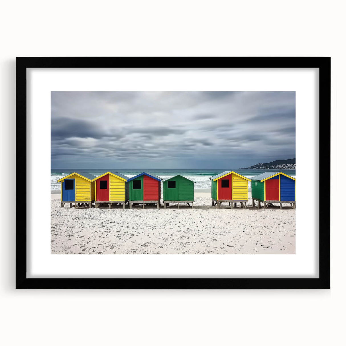 Black-framed landscape art depicting serene beaches, featuring a white mat for added elegance, ideal for home decor and coastal-themed interiors.