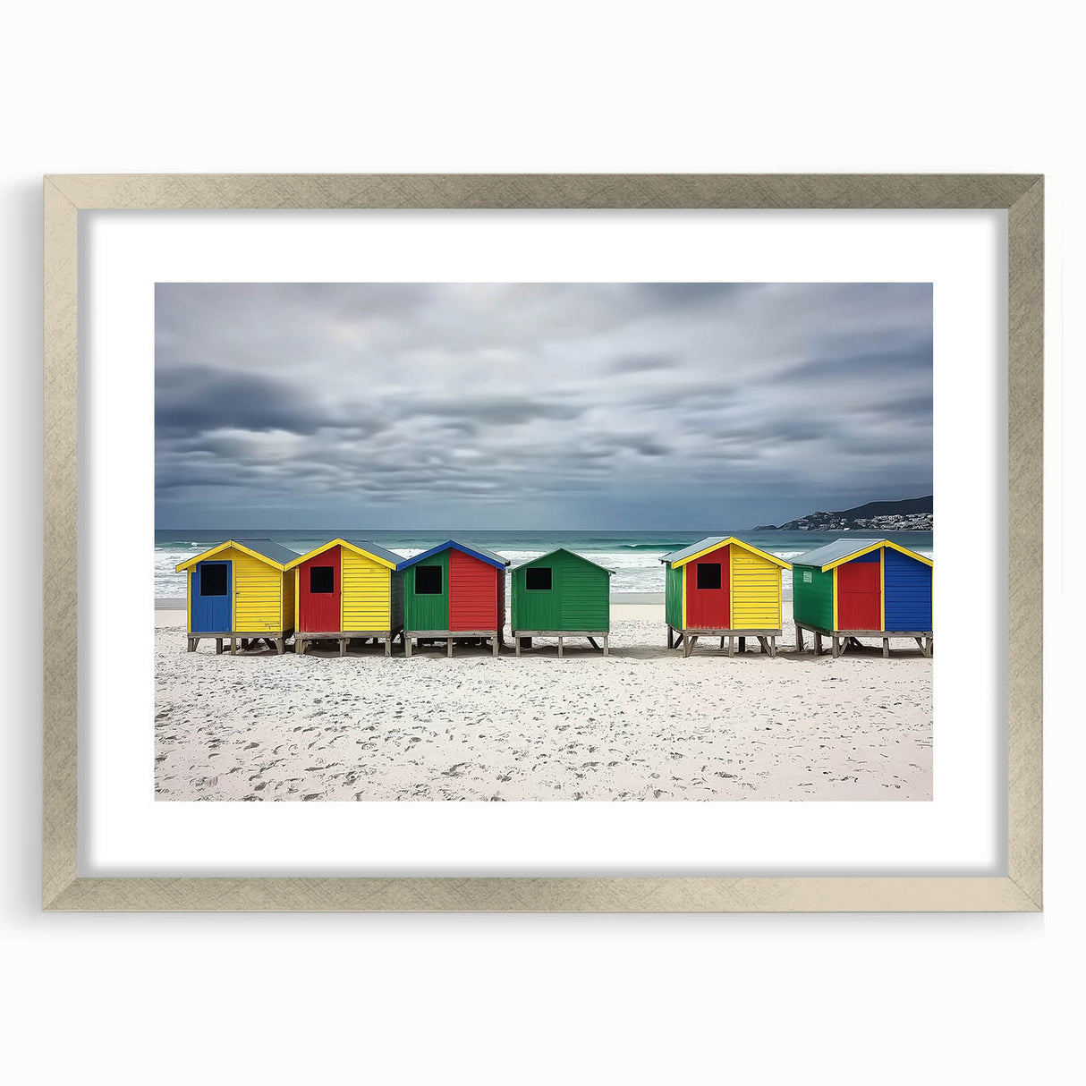 Landscape art print of a serene beach scene, framed in an elegant silver frame with a mat, showcasing vibrant colors and tranquil waves, ideal for home decor.