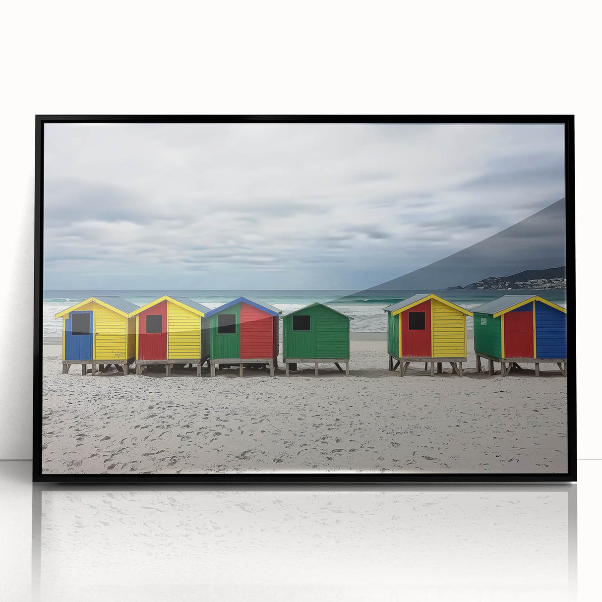 Framed acrylic artwork depicting a serene beach landscape, showcasing vibrant colors and tranquil waves, ideal for enhancing coastal-themed decor.