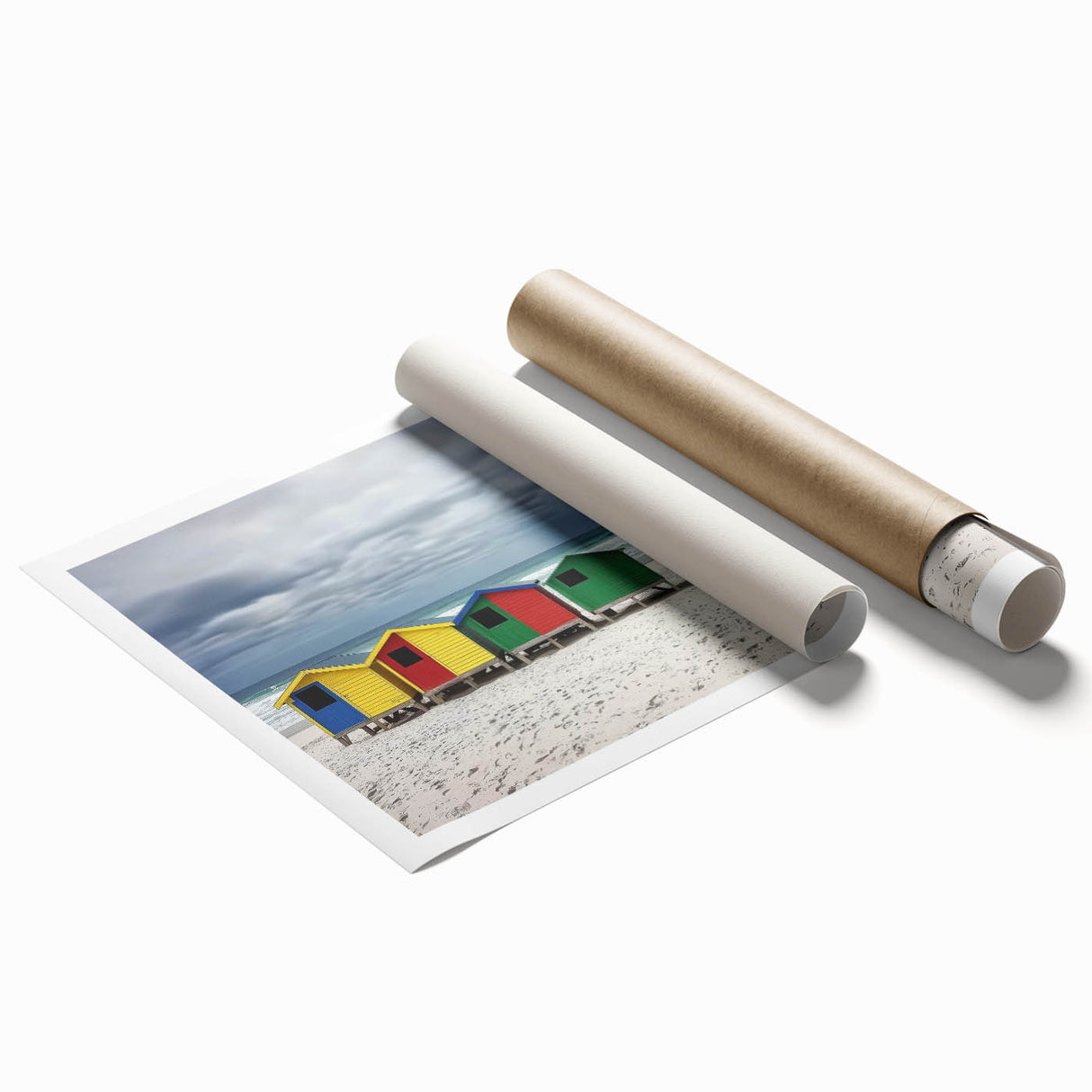 Vibrant rolled print showcasing a serene beach landscape with soft waves and clear blue skies, delivered in a protective cardboard tube for safe storage.