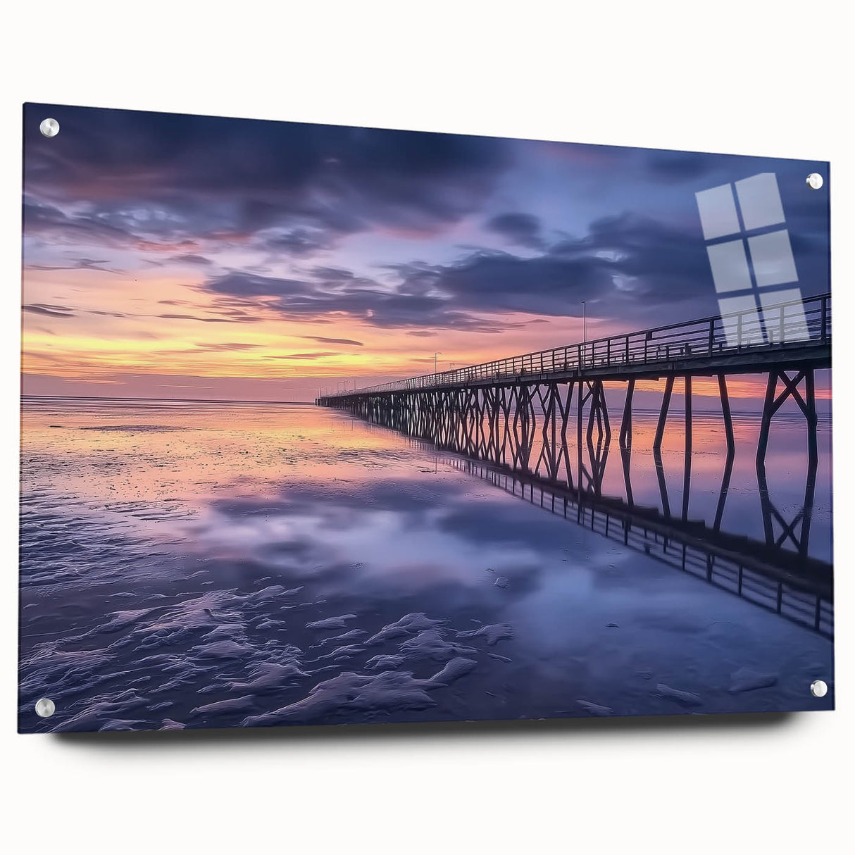 Acrylic glass landscape bridge design viewed from the side, showcasing intricate details and vibrant colors, secured with stylish pins for stability.