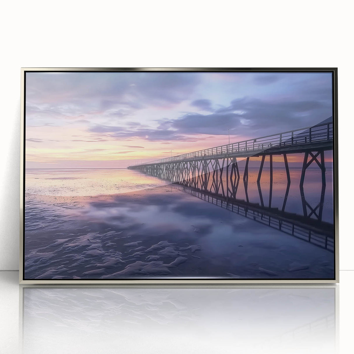 Framed acrylic artwork of a silver landscape bridge reflecting tranquility, showcased in a modern setting with elegant framing, perfect for home decor.