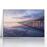 Framed acrylic landscape artwork showcasing a serene white bridge over a tranquil river, surrounded by lush greenery; ideal for home decor and nature enthusiasts.