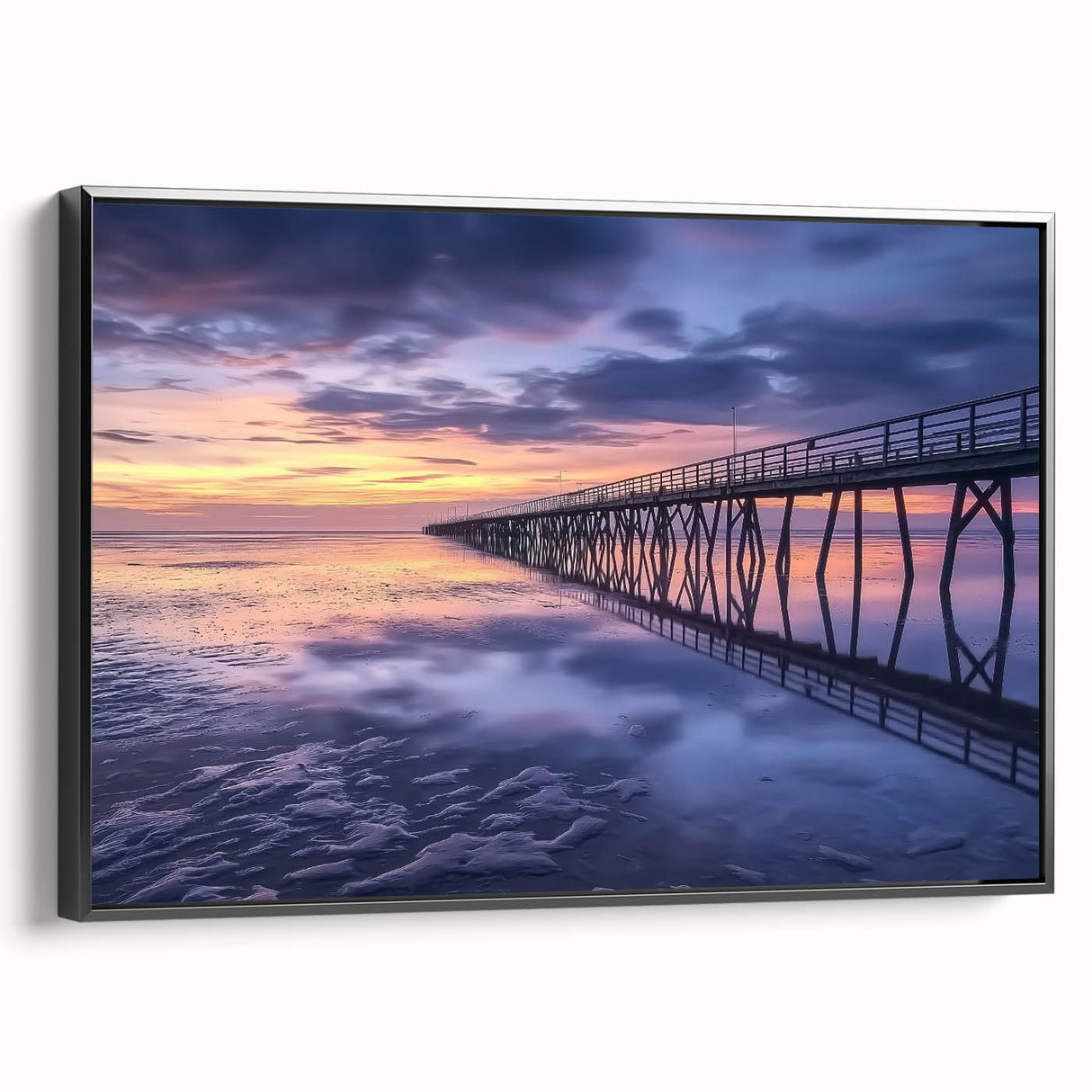 Framed landscape canvas artwork depicting a serene black bridge surrounded by lush greenery, showcasing vibrant colors and fine details for home decor. This piece adds elegance to any setting.
