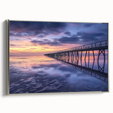 Framed landscape canvas depicting a serene bridge scene with intricate details, featuring a silver frame that enhances the artwork's elegance and depth. Ideal for home decor.