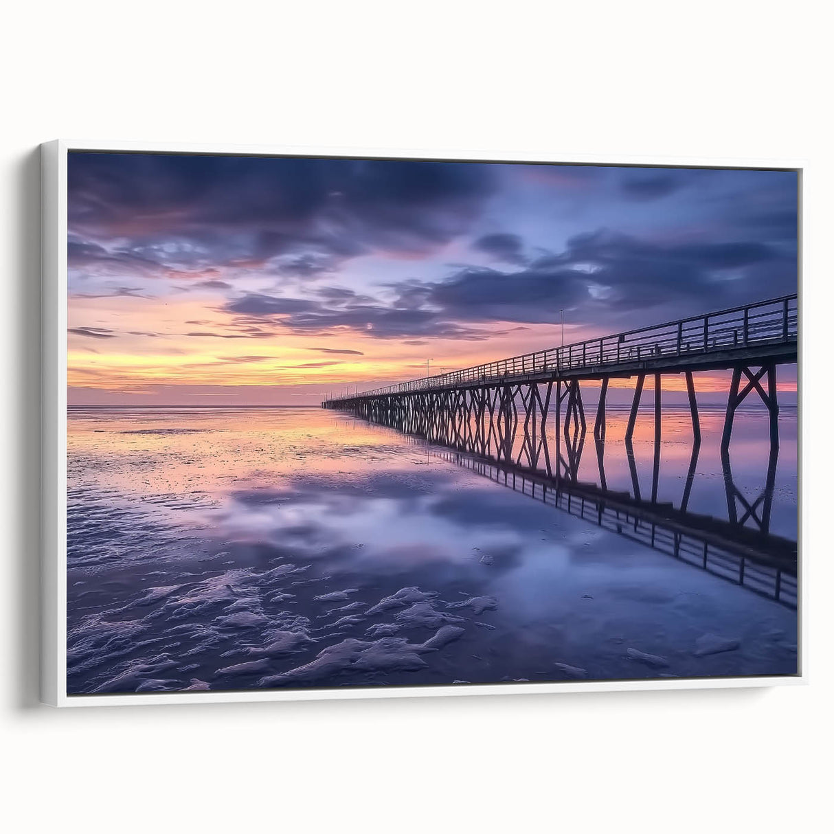 Framed landscape canvas showcasing a serene bridge design with a white border, perfect for home decor. Ideal for adding a touch of elegance to living spaces.