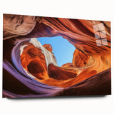 Stunning acrylic glass artwork depicting a vibrant landscape of canyons in rich earthy tones, showcasing intricate details and a side view without pins for a modern finish. Ideal for home decor enthusiasts seeking unique nature-inspired pieces.