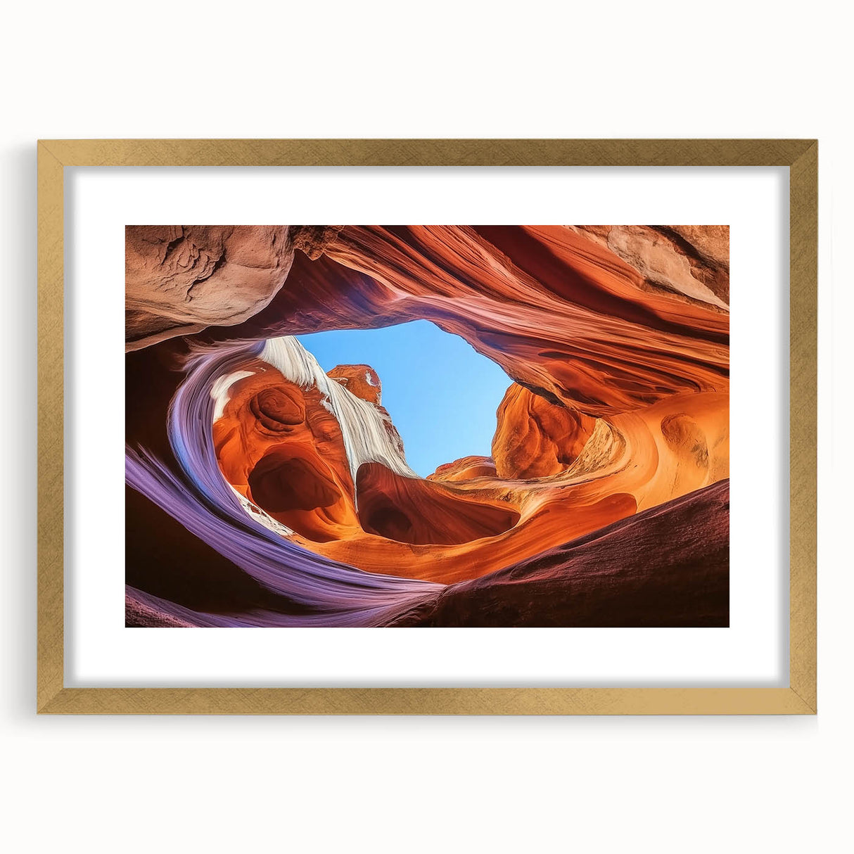 Elegant gold-framed landscape art print showcasing vibrant canyons, featuring a white mat for a polished look, ideal for home decor or office wall. Perfect for nature enthusiasts seeking stylish interior accents.