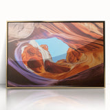 Framed acrylic artwork depicting a stunning landscape of canyons with vibrant gold accents, ideal for modern home decor and art enthusiasts. Perfect for adding elegance to any room.