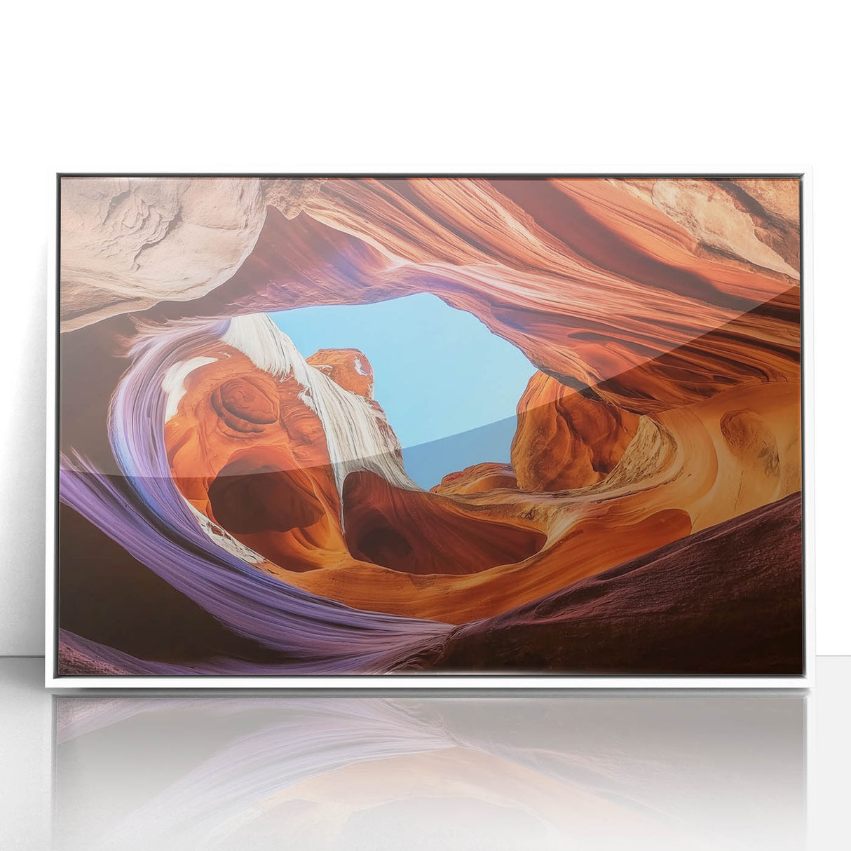Framed acrylic artwork depicting a stunning landscape of canyons in vibrant colors, showcasing natural beauty and depth, perfect for home decor enhancement.