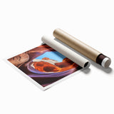 Stunning landscape print of colorful canyons showcasing vibrant red, orange, and yellow hues, expertly rolled for easy display and shipping in a protective tube.