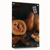 Large abstract wall art in warm autumn hues on acrylic glass, suitable for bedroom or dining room decor.