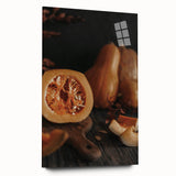 Large abstract wall art in warm autumn hues on acrylic glass, suitable for bedroom or dining room decor.