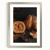 Textured abstract art print in warm autumnal hues on a framed silver canvas, suitable for enhancing bedroom decor.