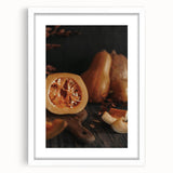 Abstract art print featuring warm autumnal hues on a white-framed canvas, ideal for dining room decor.