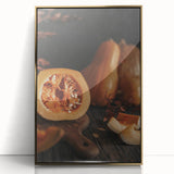 Large art print depicting a mid-century modernist fall scene in acrylic, framed in gold.