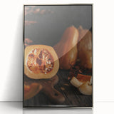 Mid-century modernist art depicting autumn trees in warm orange and brown tones, framed in silver acrylic.