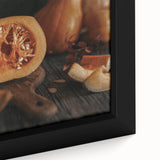 Framed canvas depicting a textured, colorful abstract design in black with autumnal hues, ideal for large living room walls.