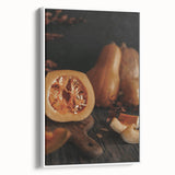 Vintage poster art of autumn trees on a large framed canvas, featuring a palette of orange and brown.