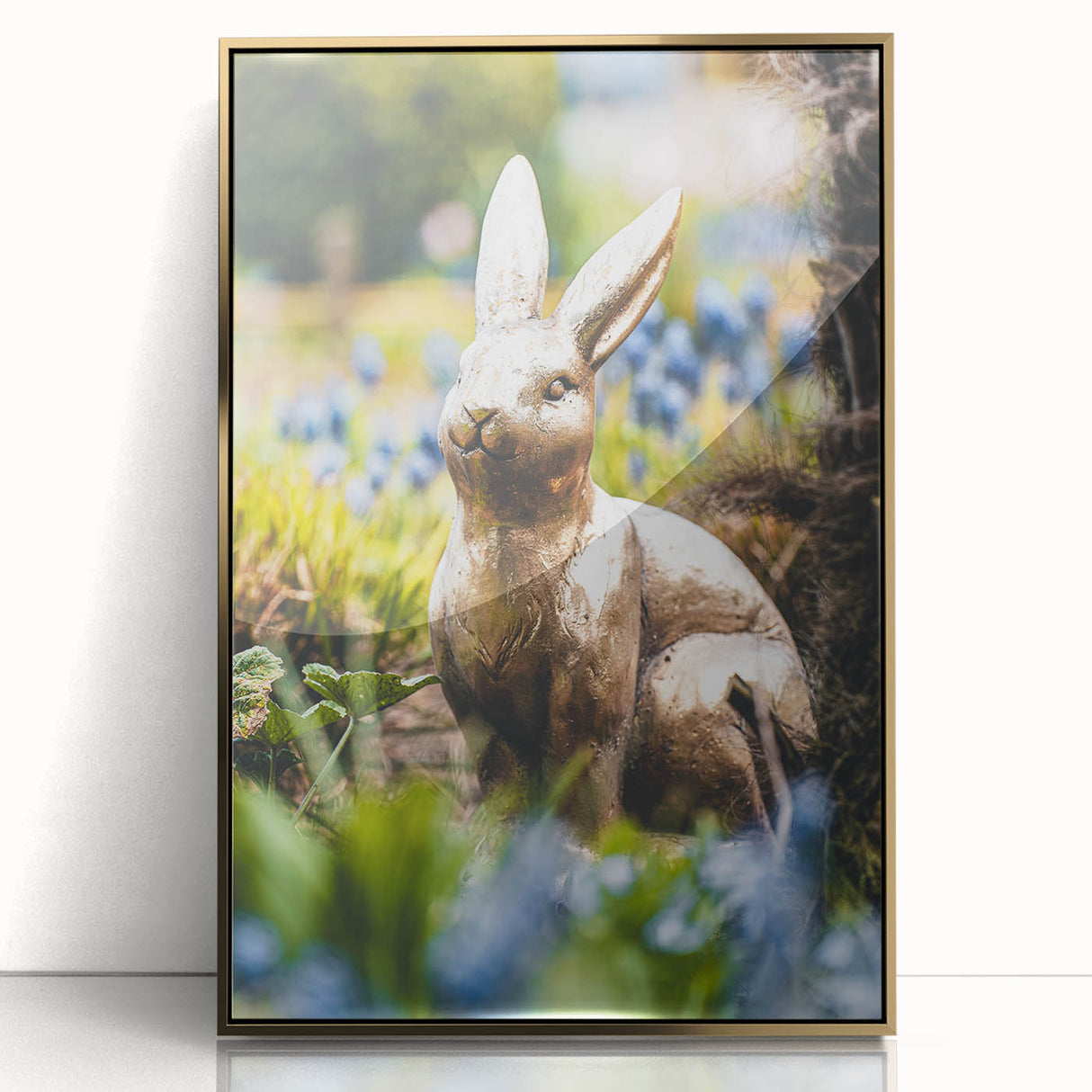 Large art print of a mid-century modernist spring scene in pastel shades, framed in gold acrylic.