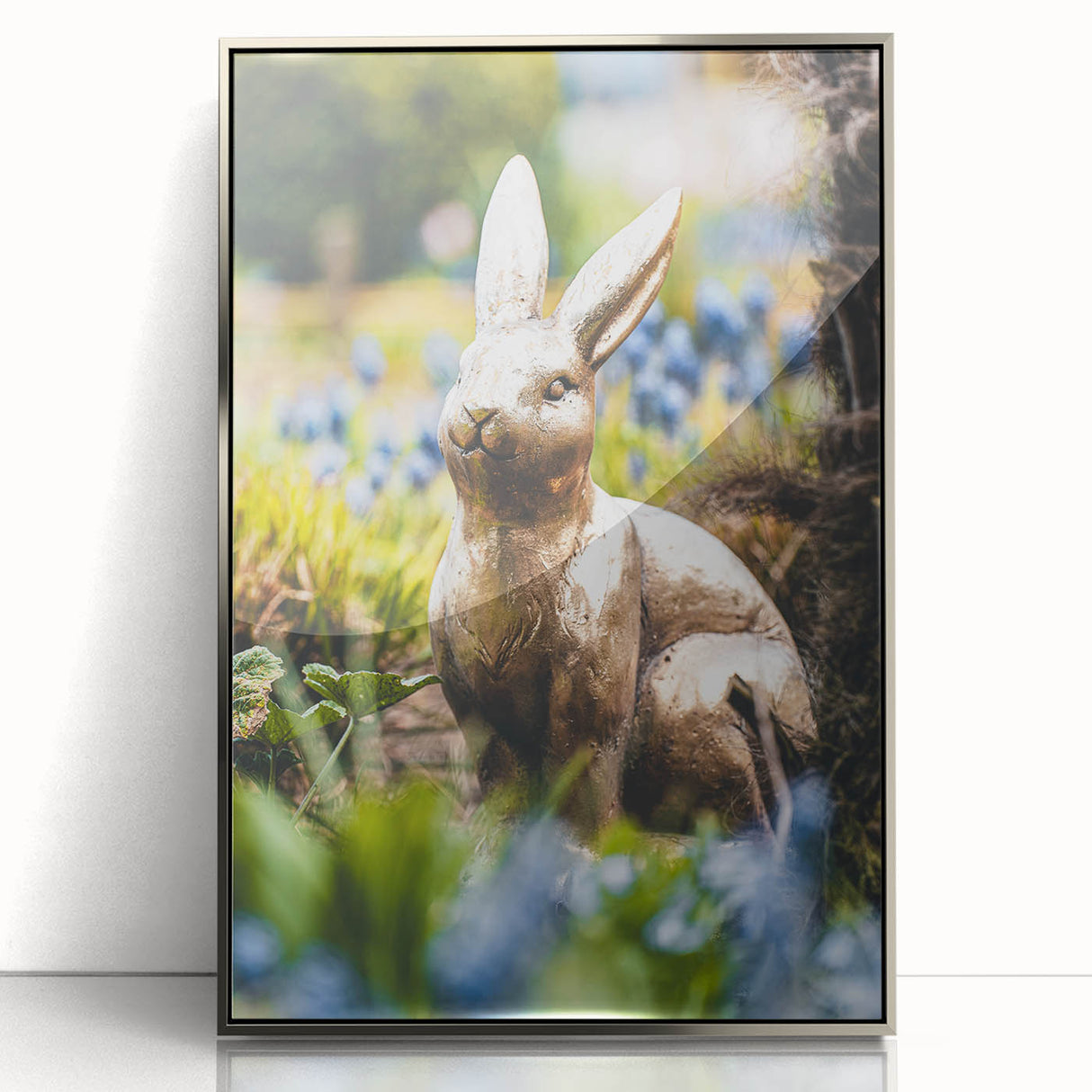 Mid-century modernist art depicting spring season in acrylic, with pastel colors, framed in silver.