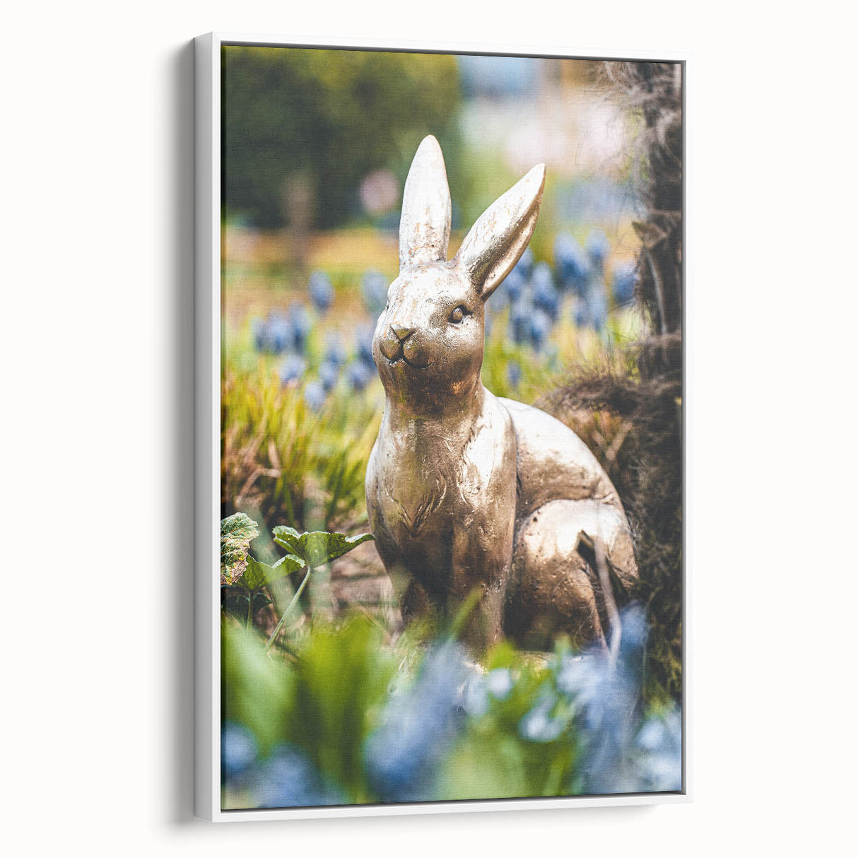 Vintage poster art of spring season on framed canvas, featuring a white side view with colorful floral motifs.