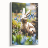 Vintage poster art of spring season on framed canvas, featuring a white side view with colorful floral motifs.